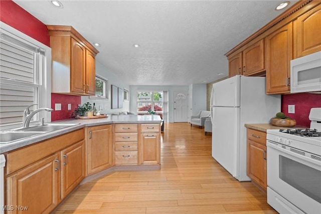 12610 Woodward Blvd, Garfield Heights, OH 44125 - kitchen featuring white appliances, a textured ceiling, open floor plan, recessed lighting, and light wood finished floors