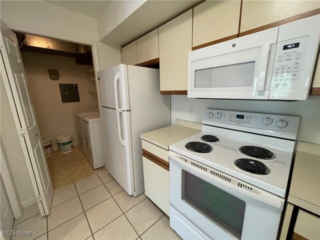 1304 Cedarwood Dr Unit D2, Westlake, OH 44145 - kitchen with white appliances, light countertops, electric panel, light tile patterned flooring, and washing machine and clothes dryer