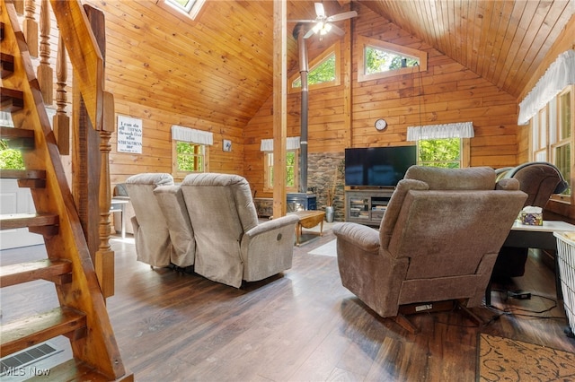 30101 Friendly Ridge Rd, Freeport, OH 43973 - living room featuring wood walls, wood ceiling, stairs, wood-type flooring, and ceiling fan