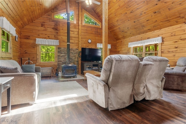 30101 Friendly Ridge Rd, Freeport, OH 43973 - living room featuring a wood stove, wood walls, high vaulted ceiling, wood finished floors, and wooden ceiling