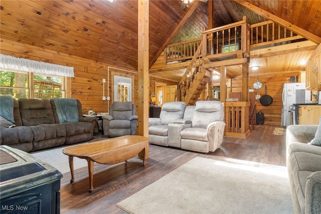 30101 Friendly Ridge Rd, Freeport, OH 43973 - living area featuring wooden walls, stairs, wood finished floors, high vaulted ceiling, and a wood ceiling with exposed beams