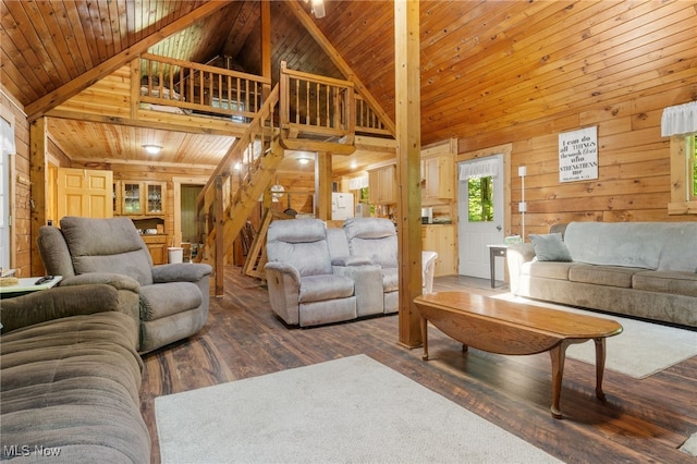 30101 Friendly Ridge Rd, Freeport, OH 43973 - living room with wood walls, high vaulted ceiling, wood finished floors, and wood ceiling