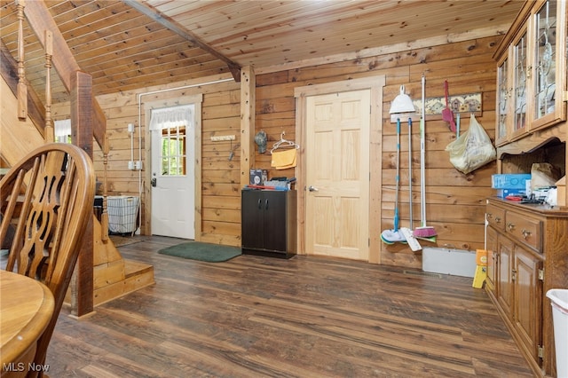 30101 Friendly Ridge Rd, Freeport, OH 43973 - foyer entrance featuring wooden walls, wood ceiling, dark wood finished floors, and vaulted ceiling