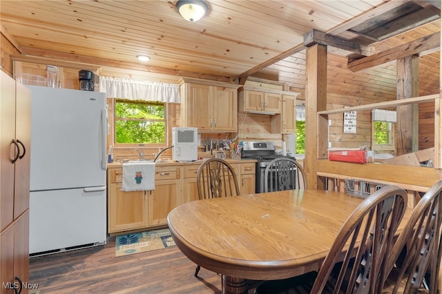 30101 Friendly Ridge Rd, Freeport, OH 43973 - dining area featuring wood ceiling, dark wood-style flooring, and wooden walls