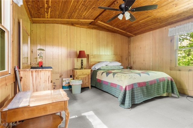 30101 Friendly Ridge Rd, Freeport, OH 43973 - bedroom featuring wooden ceiling, wooden walls, lofted ceiling, and a ceiling fan