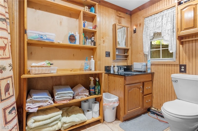 30101 Friendly Ridge Rd, Freeport, OH 43973 - bathroom featuring vanity, wooden walls, and tile patterned floors