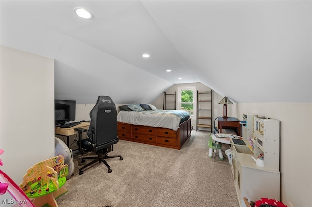 6190 Fitch Rd, North Olmsted, OH 44070 - bedroom featuring vaulted ceiling, light carpet, and recessed lighting