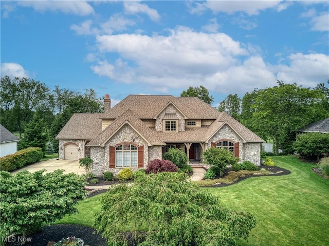 8309 Gentry St NW, Massillon, OH 44646 - view of front of property with stone siding, a chimney, a front yard, and an attached garage