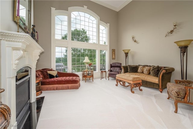 8309 Gentry St NW, Massillon, OH 44646 - living area with a fireplace, carpet flooring, and a high ceiling