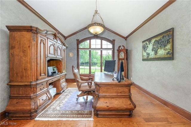 8309 Gentry St NW, Massillon, OH 44646 - home office featuring vaulted ceiling, wood finished floors, and ornamental molding