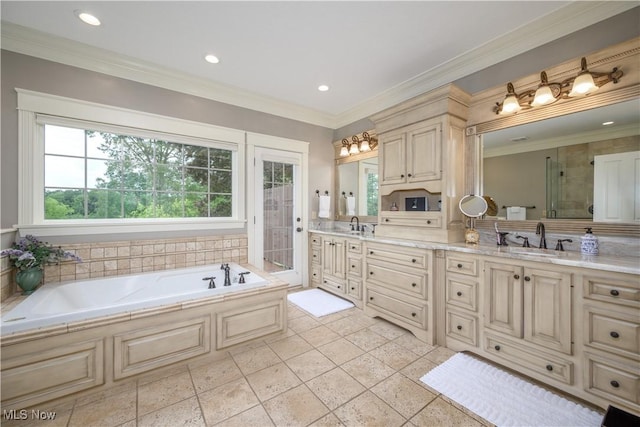 8309 Gentry St NW, Massillon, OH 44646 - bathroom with double vanity, a bath, a shower stall, recessed lighting, and crown molding