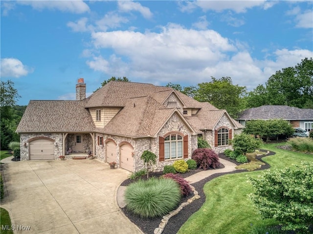 8309 Gentry St NW, Massillon, OH 44646 - french provincial home featuring stone siding, an attached garage, driveway, a chimney, and a front lawn