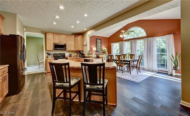 2720 Pinegate Dr, Norton, OH 44203 - kitchen with black appliances, light brown cabinetry, a ceiling fan, light countertops, and lofted ceiling