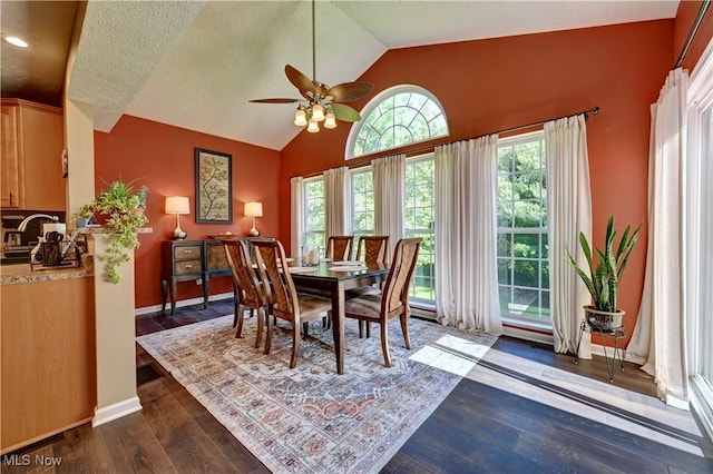 2720 Pinegate Dr, Norton, OH 44203 - dining space with ceiling fan, lofted ceiling, and dark wood-style floors