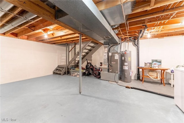 1234 W Maple St, North Canton, OH 44720 - unfinished below grade area featuring water heater, stairway, heating unit, and washer / dryer