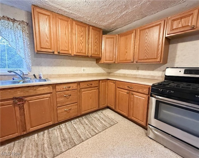 8756 Cook Rd, Salem, OH 44460 - kitchen with stainless steel range with gas cooktop, light countertops, and a textured ceiling