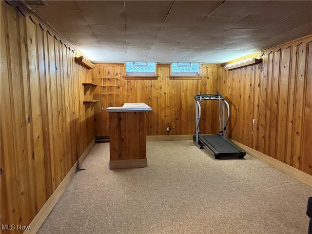 exercise room with wooden walls and light carpet