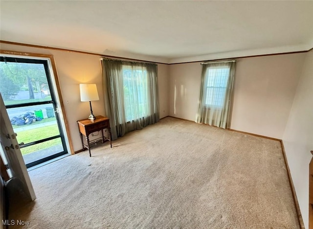carpeted spare room with crown molding
