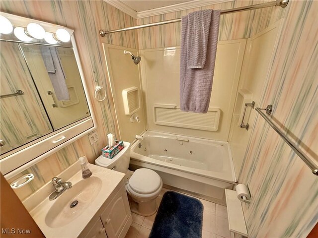 bathroom with a combined bath / shower with jetted tub, tile patterned flooring, vanity, and wallpapered walls
