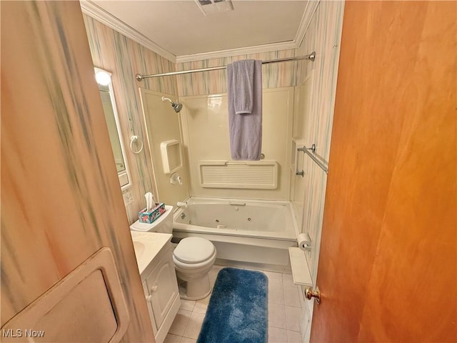 full bath with tile patterned flooring, vanity, a combined bath / shower with jetted tub, and crown molding