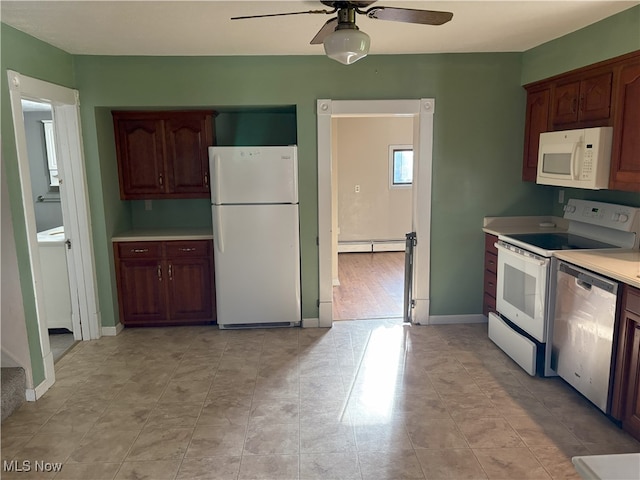 9513 Edison St NE, Alliance, OH 44601 - kitchen featuring white appliances, a ceiling fan, light countertops, a baseboard heating unit, and light tile patterned floors