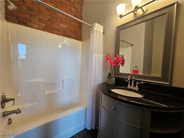 7482 Center St Unit 5, Mentor, OH 44060 - full bathroom with shower / bathtub combination with curtain, brick wall, and vanity