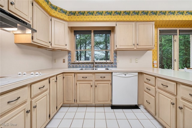 21349 Shelburne, Shaker Heights, OH 44122 - kitchen featuring white appliances, under cabinet range hood, light countertops, and light brown cabinets