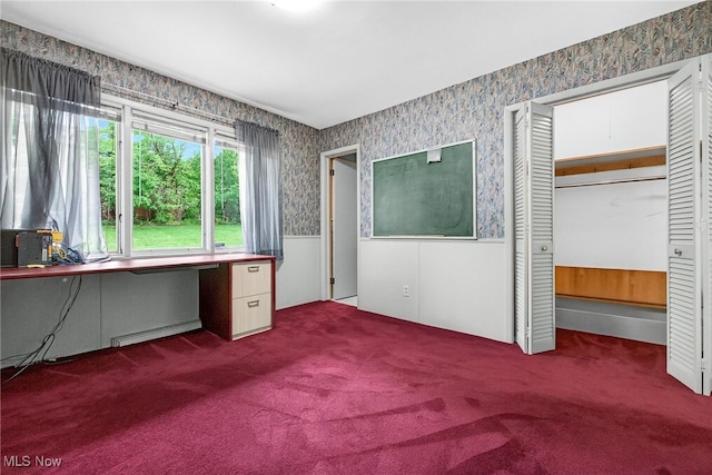 21349 Shelburne, Shaker Heights, OH 44122 - unfurnished office with dark colored carpet, wallpapered walls, a wainscoted wall, and a baseboard radiator