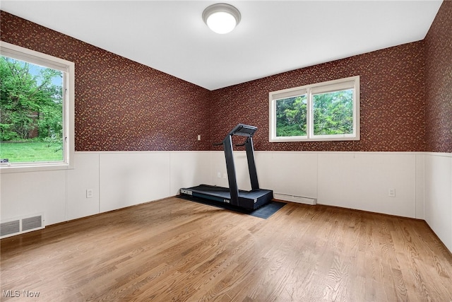 21349 Shelburne, Shaker Heights, OH 44122 - exercise area with wallpapered walls, a wainscoted wall, plenty of natural light, and wood finished floors