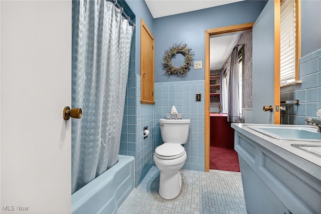 21349 Shelburne, Shaker Heights, OH 44122 - bathroom with tile walls, tile patterned flooring, double vanity, shower / bathtub combination with curtain, and a wainscoted wall