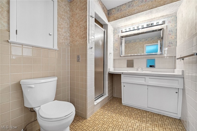 21349 Shelburne, Shaker Heights, OH 44122 - bathroom featuring tile walls, vanity, a shower stall, and wainscoting