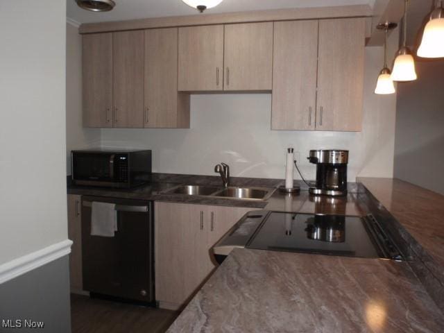 23 Valley Forge Ln, Elyria, OH 44035 - kitchen featuring black appliances, light brown cabinetry, decorative light fixtures, and dark stone counters
