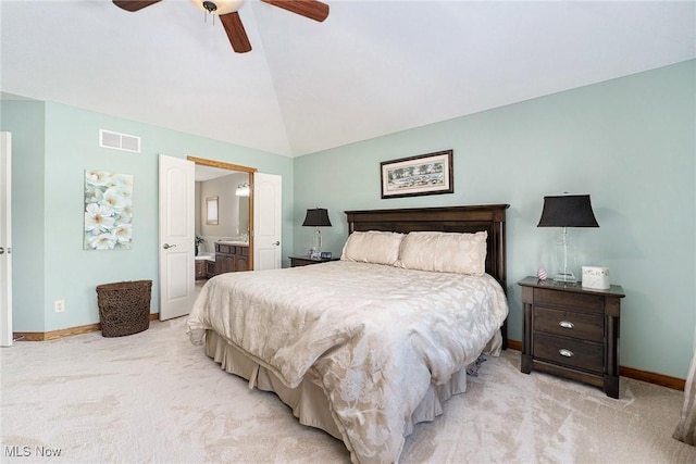 6782 Fawndale Dr, Medina, OH 44256 - bedroom with light carpet, lofted ceiling, ensuite bathroom, and ceiling fan