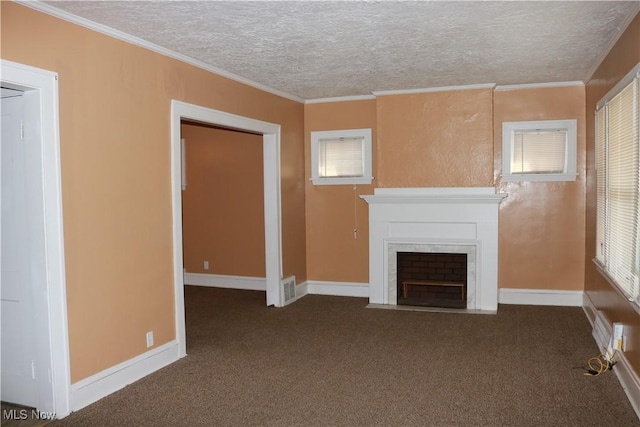 299 E 197th St, Euclid, OH 44119 - unfurnished living room featuring carpet, a fireplace, a textured ceiling, ornamental molding, and plenty of natural light