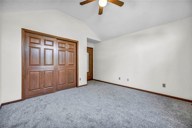 3578 County Line Rd, Madison, OH 44057 - unfurnished bedroom featuring carpet floors, vaulted ceiling, and a ceiling fan