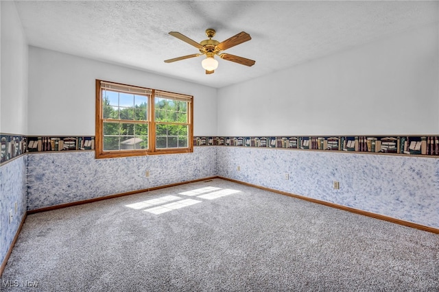 3578 County Line Rd, Madison, OH 44057 - carpeted empty room with ceiling fan, wallpapered walls, wainscoting, and a textured ceiling