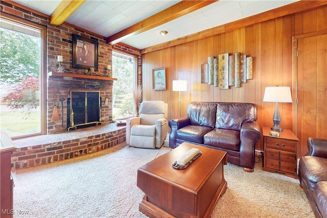 6803 County Road 22a, Bloomingdale, OH 43910 - carpeted living room featuring beam ceiling, plenty of natural light, a fireplace, and wood walls