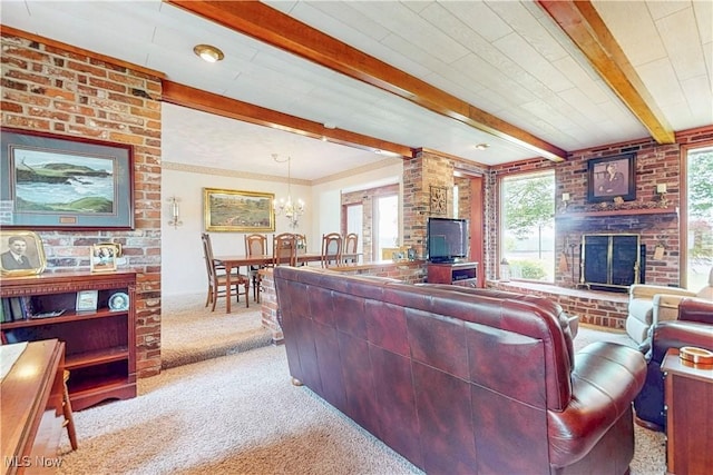 6803 County Road 22a, Bloomingdale, OH 43910 - carpeted living room with healthy amount of natural light, beamed ceiling, a fireplace, a chandelier, and french doors