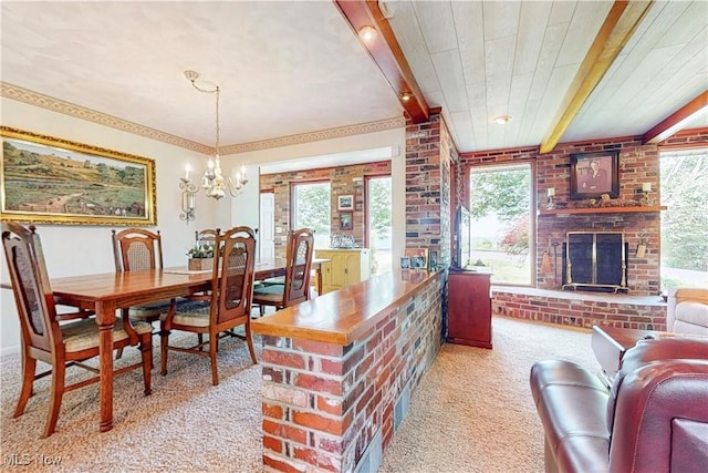 6803 County Road 22a, Bloomingdale, OH 43910 - dining room with carpet floors, a brick fireplace, beamed ceiling, and a chandelier