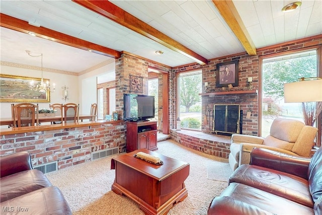 6803 County Road 22a, Bloomingdale, OH 43910 - living room featuring healthy amount of natural light, carpet floors, a fireplace, and beamed ceiling