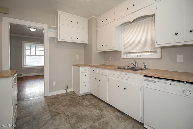3509 Silsby Rd, University Heights, OH 44118 - kitchen with dishwasher, white cabinetry, ornamental molding, light countertops, and open shelves