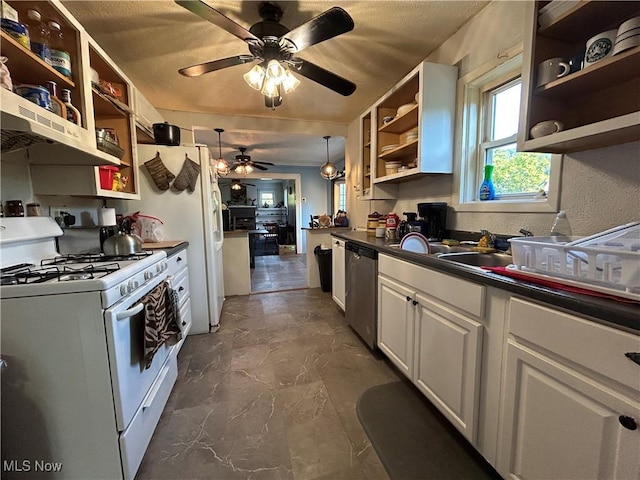 73 High St, Clay, WV 25043 - kitchen featuring white range with gas stovetop, open shelves, dishwasher, dark countertops, and a ceiling fan