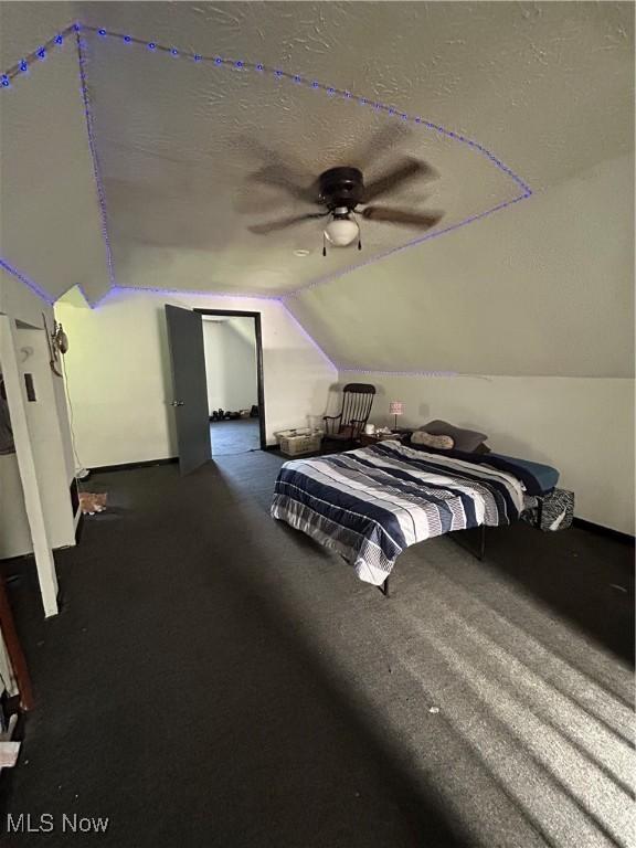 73 High St, Clay, WV 25043 - carpeted bedroom featuring lofted ceiling, a textured ceiling, and a ceiling fan