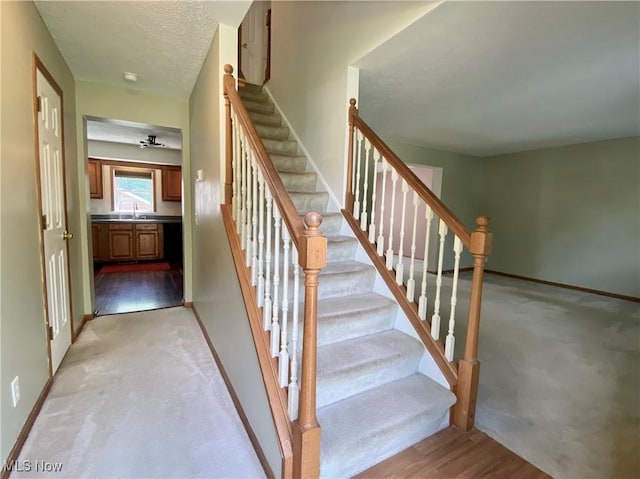 13781 Rustic Dr, North Royalton, OH 44133 - staircase featuring carpet flooring and a textured ceiling