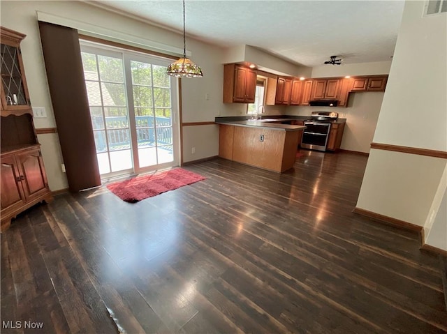 13781 Rustic Dr, North Royalton, OH 44133 - kitchen featuring stainless steel electric range oven, a peninsula, dark wood-style floors, and plenty of natural light