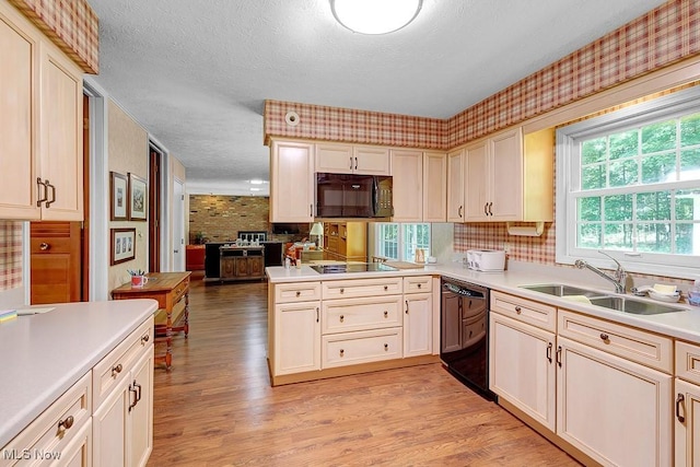 9502 Winchester Vly, Chesterland, OH 44026 - kitchen featuring black appliances, a textured ceiling, light countertops, light wood-type flooring, and tasteful backsplash