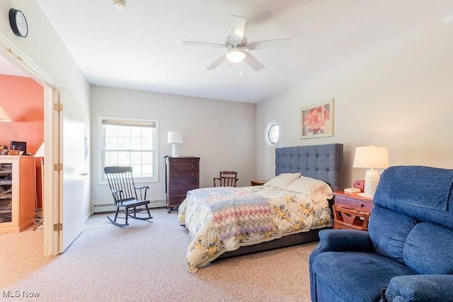 9502 Winchester Vly, Chesterland, OH 44026 - bedroom featuring multiple windows, carpet floors, a baseboard heating unit, and a ceiling fan