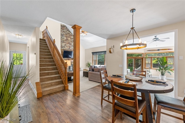 3519 Hawthorne Trl, Broadview Heights, OH 44147 - dining space featuring wood finished floors, stairway, a ceiling fan, and plenty of natural light