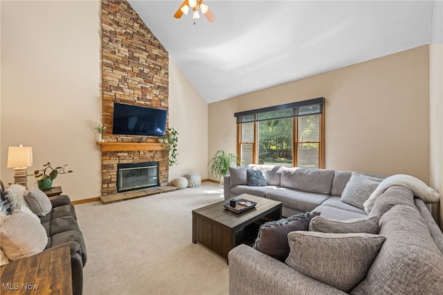 3519 Hawthorne Trl, Broadview Heights, OH 44147 - living room featuring light colored carpet, high vaulted ceiling, a ceiling fan, and a fireplace