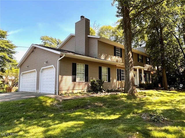 8602 Wedgewood Ave NW, North Canton, OH 44720 - view of front facade with an attached garage, a front lawn, driveway, and a chimney